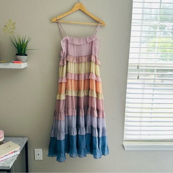 Storia Multicolor Polka Dot Print Colorblock Tiered Midi Dress NWT - Picture 2 of 14